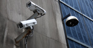 Surveillance cameras on a building